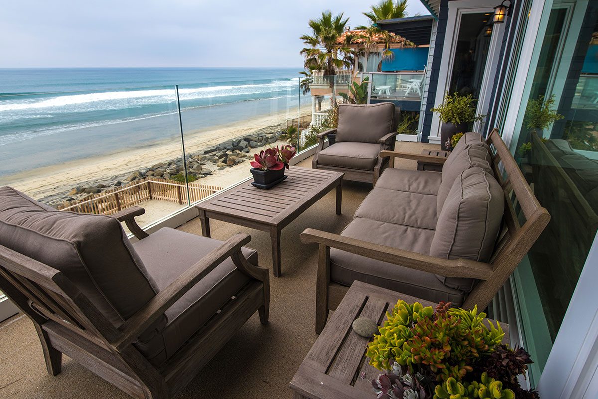 Beach cottage exterior at dusk